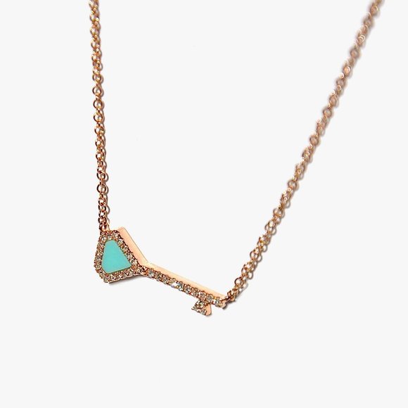 14k Pave Diamond Turquoise Diamond Key Pendant/Necklace - Picture 4 of 6
